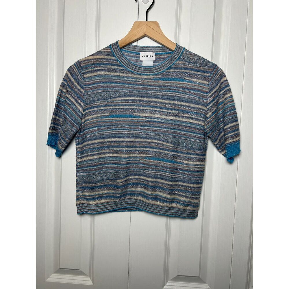 Marella Turquoise Lodola Metallic Striped Shimmer Knit Crop Top